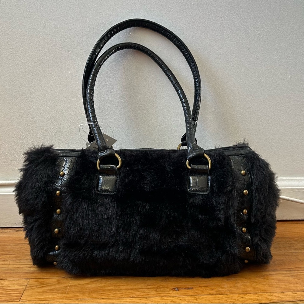 Vintage Y2K Faux Fur Shoulder Bag 2000s w tags Black Studded Bowler Bag